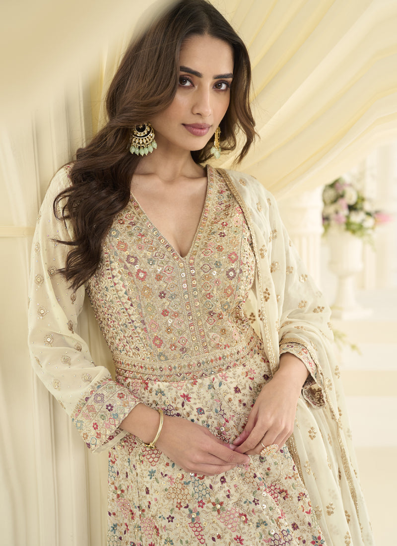 Off White Embroidered Georgette Gown Suit