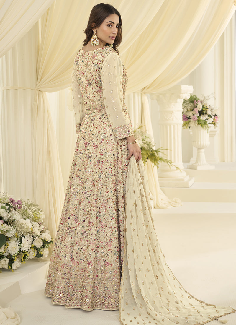 Off White Embroidered Georgette Gown Suit