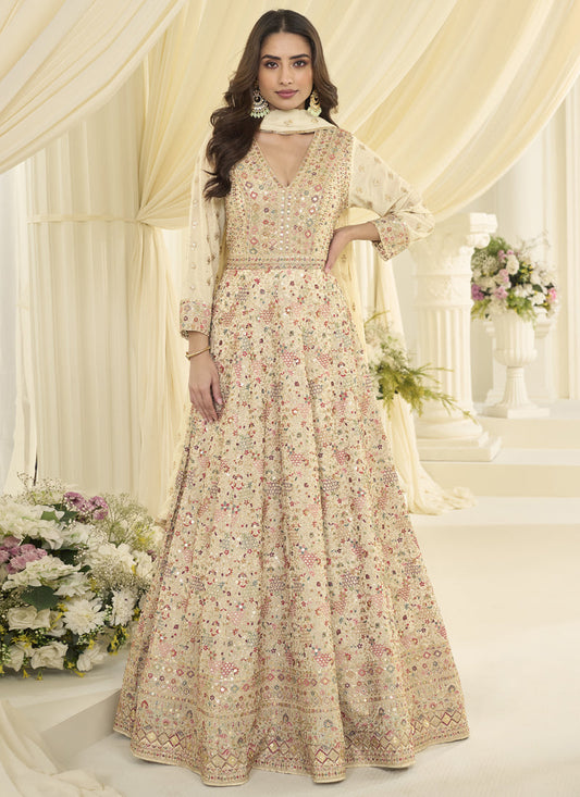 Off White Embroidered Georgette Gown Suit