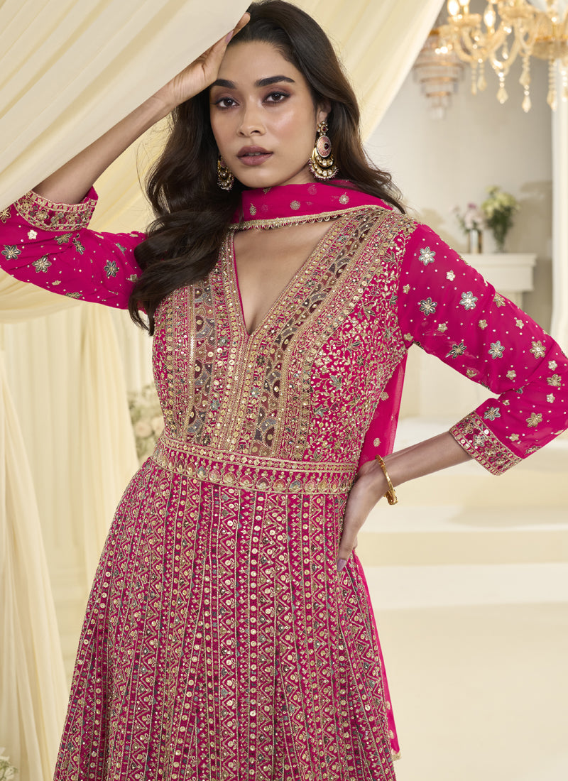 Pink Embroidered Georgette Gown Suit