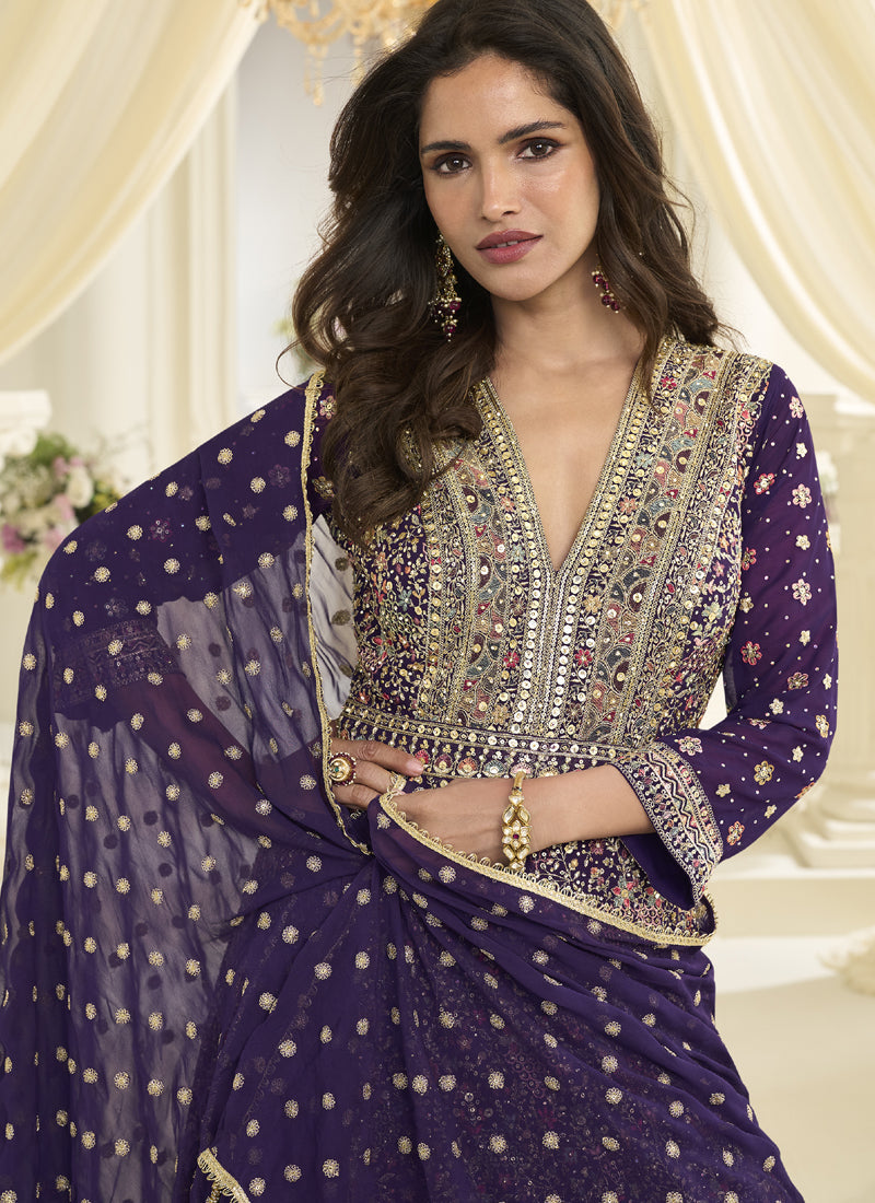 Purple Embroidered Georgette Gown Suit