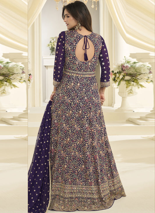 Purple Embroidered Georgette Gown Suit