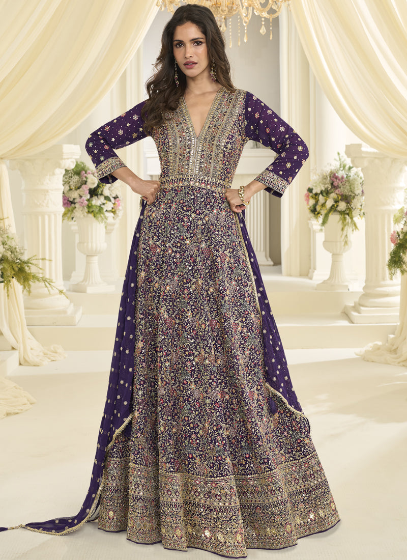 Purple Embroidered Georgette Gown Suit