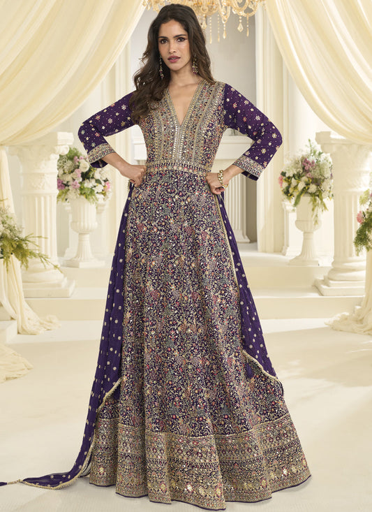 Purple Embroidered Georgette Gown Suit