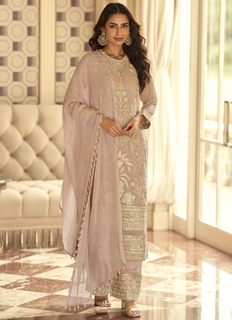 Light Peach Georgette Embroidered Beads Work Palazzo Suit