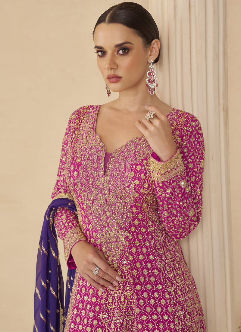 Pink Georgette Embroidered Seroski Zarkan Work Palazzo Suit
