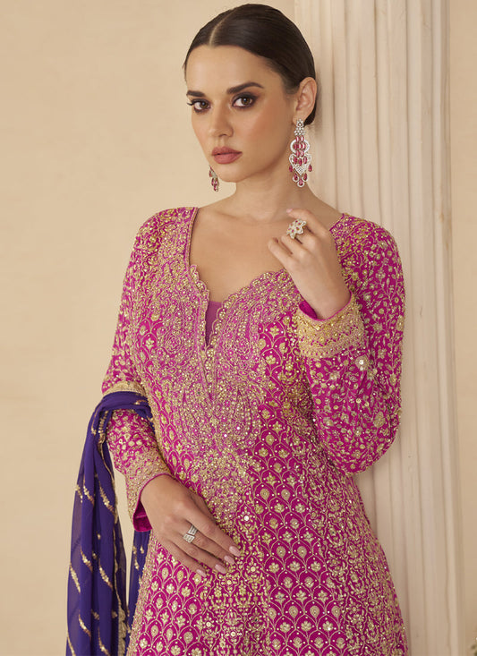 Pink Georgette Embroidered Seroski Zarkan Work Palazzo Suit