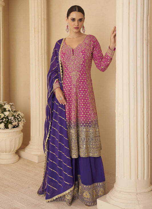 Pink Georgette Embroidered Seroski Zarkan Work Palazzo Suit