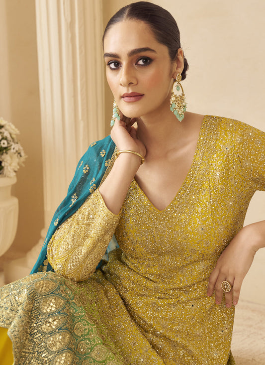 Yellow Georgette Embroidered Seroski Zarkan Work Palazzo Suit