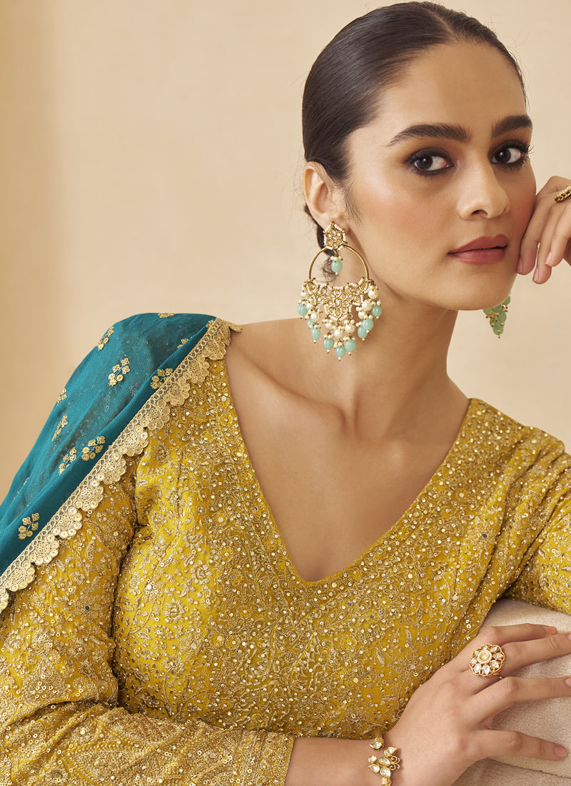 Yellow Georgette Embroidered Seroski Zarkan Work Palazzo Suit