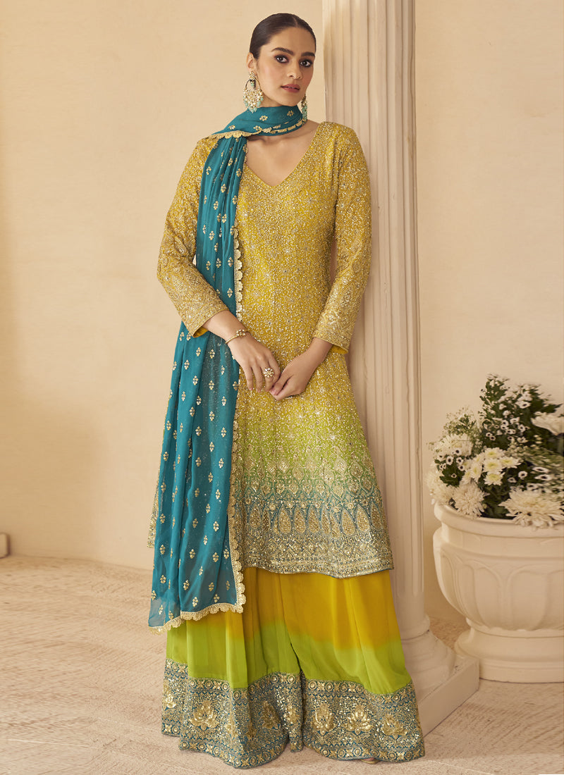 Yellow Georgette Embroidered Seroski Zarkan Work Palazzo Suit