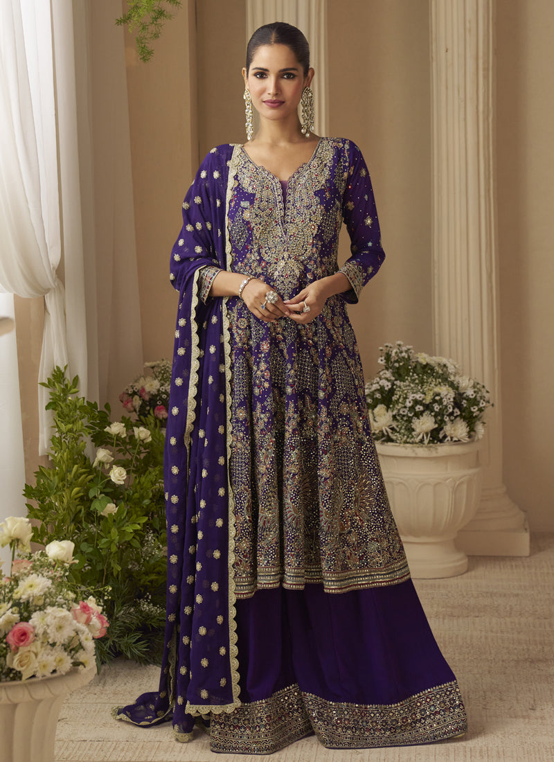 Violet Georgette Embroidered Seroski Zarkan Work Palazzo Suit
