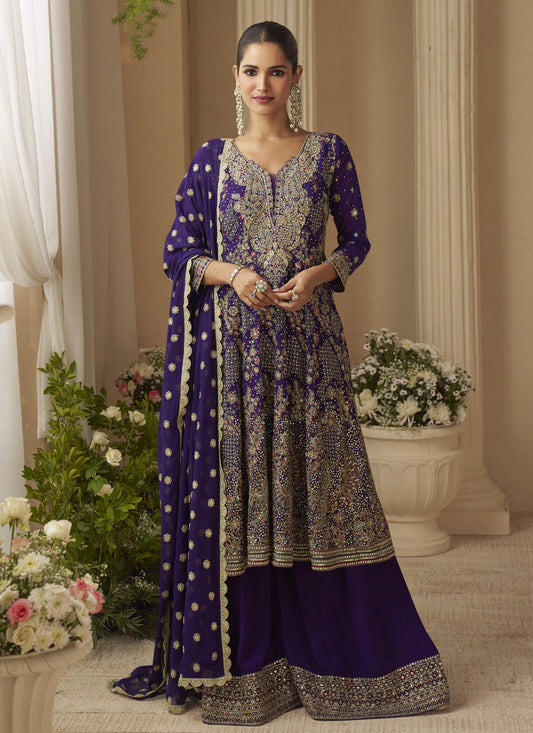 Violet Georgette Embroidered Seroski Zarkan Work Palazzo Suit