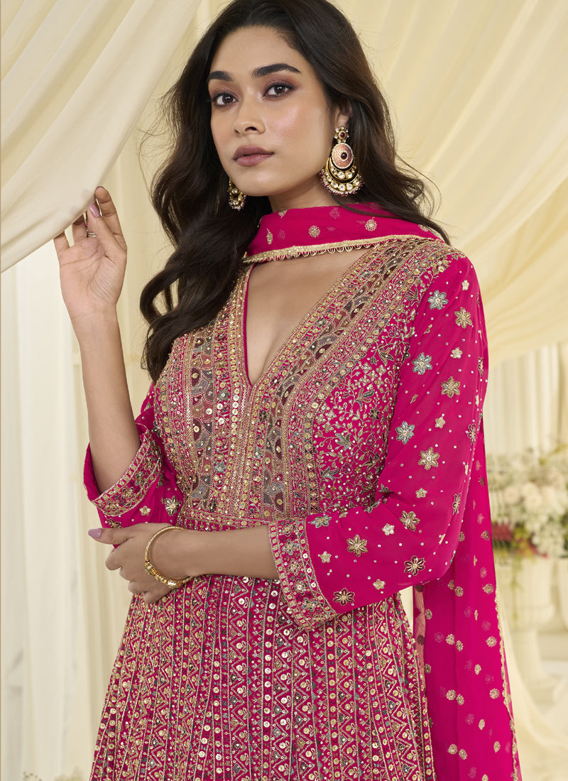 Pink Embroidered Georgette Gown Suit