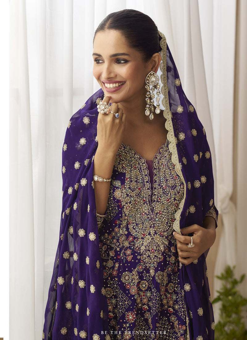 Violet Georgette Embroidered Seroski Zarkan Work Palazzo Suit