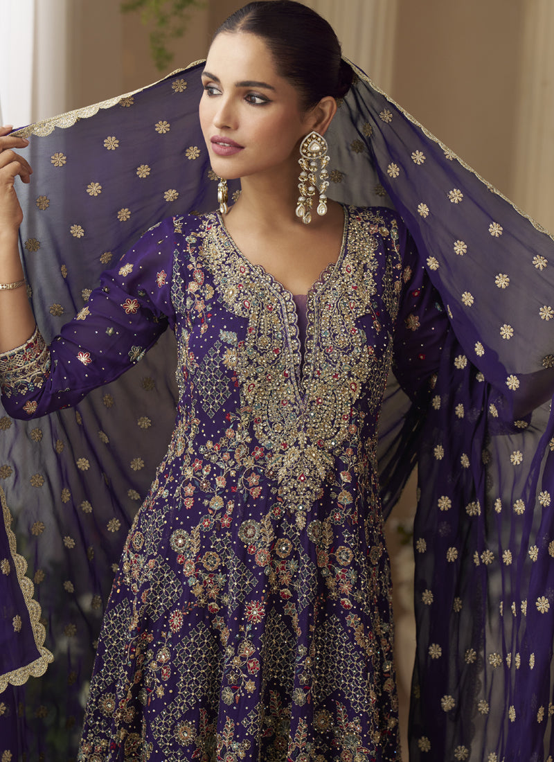 Violet Georgette Embroidered Seroski Zarkan Work Palazzo Suit