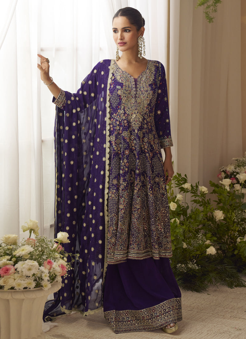 Violet Georgette Embroidered Seroski Zarkan Work Palazzo Suit