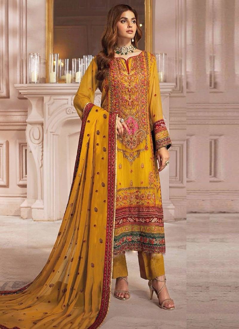 Mustard Muslin Embroidered Salwar Suit