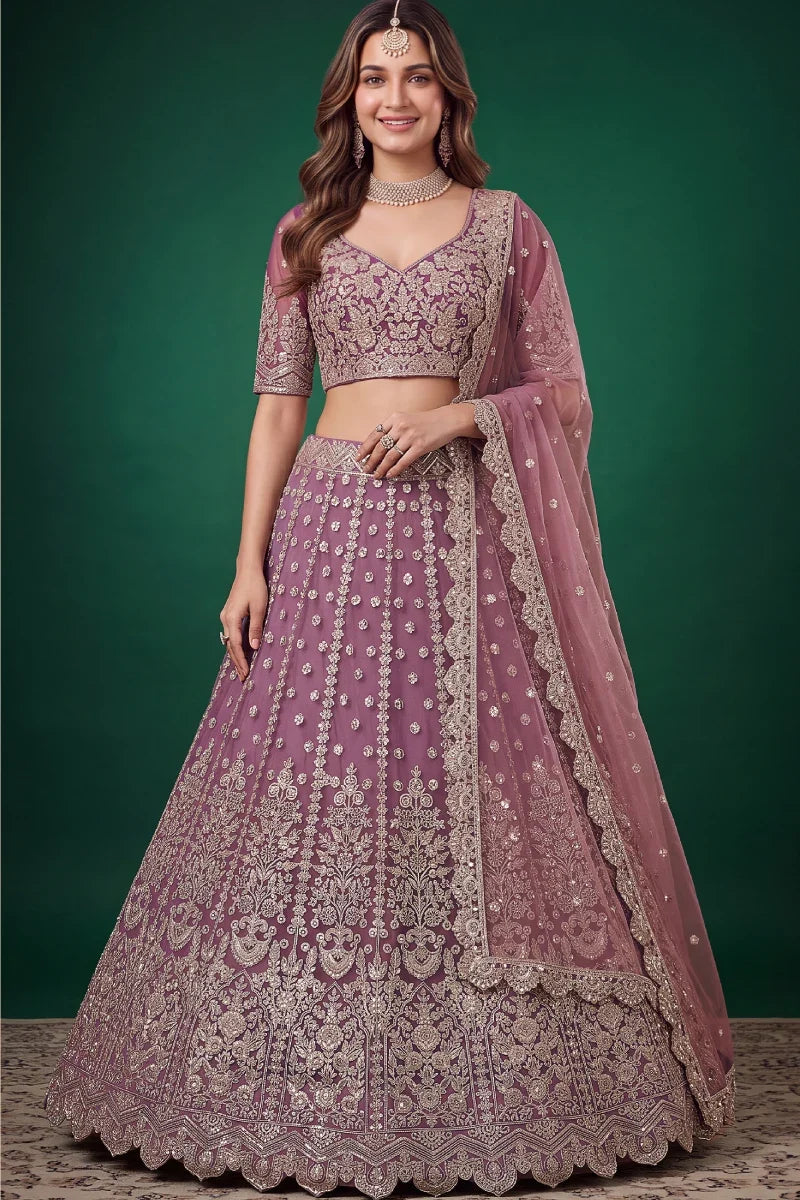 Purple Soft Net Embroidered Lehenga Choli