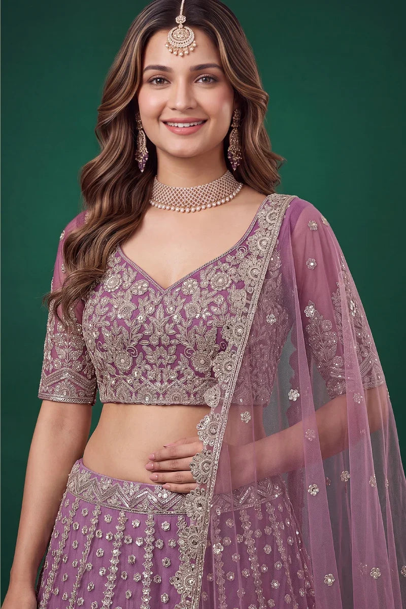 Purple Soft Net Embroidered Lehenga Choli