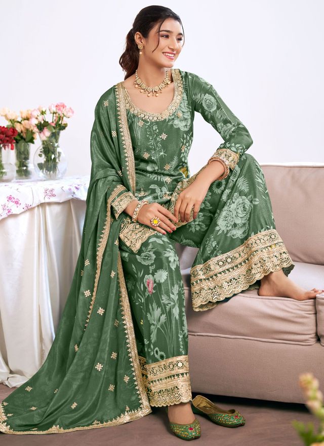 Dark-Green Embroidery Chinon Silk Salwar Suit