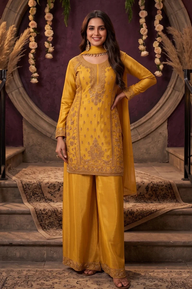 Mustard Chinon Embroidered & Beads Palazzo Suit