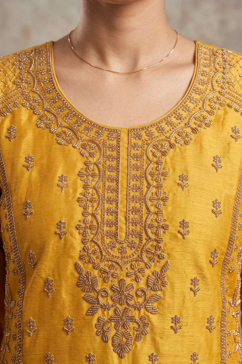 Mustard Chinon Embroidered & Beads Palazzo Suit