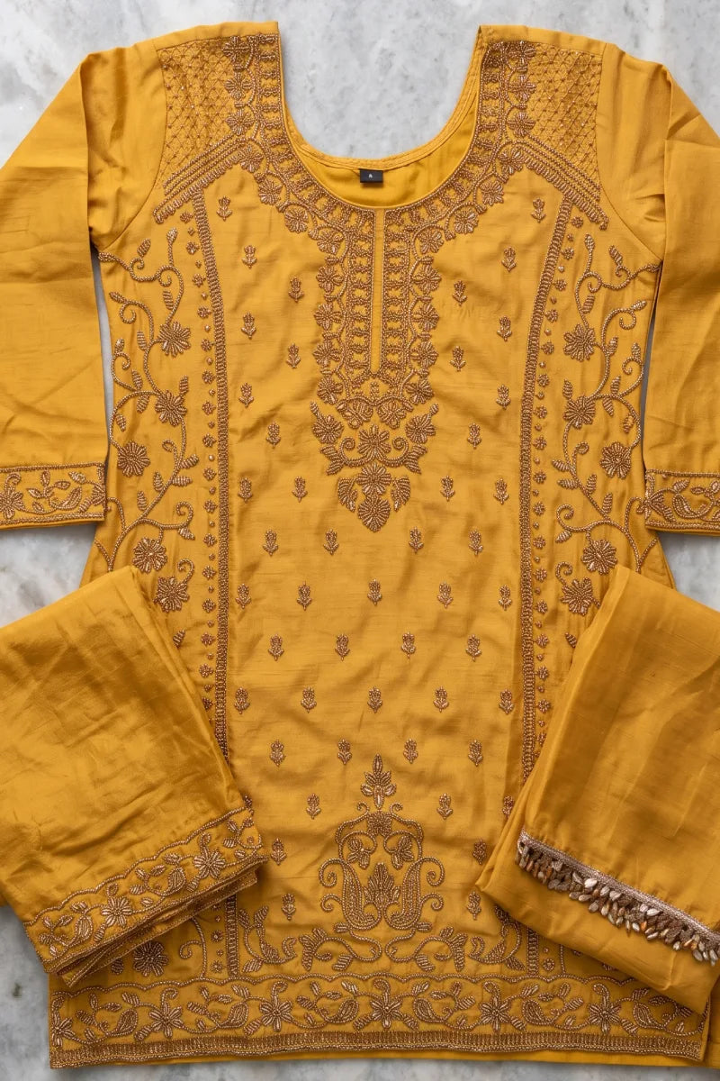 Mustard Chinon Embroidered & Beads Palazzo Suit