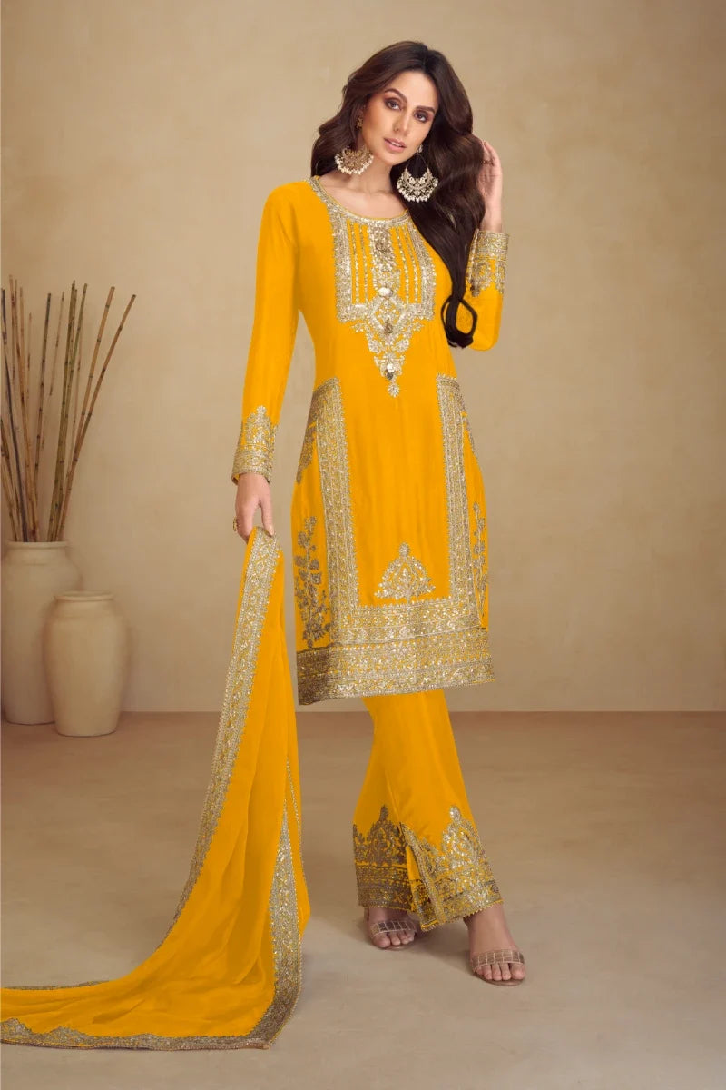 Yellow Embroidered Chinon Salwar Suit with Dupatta