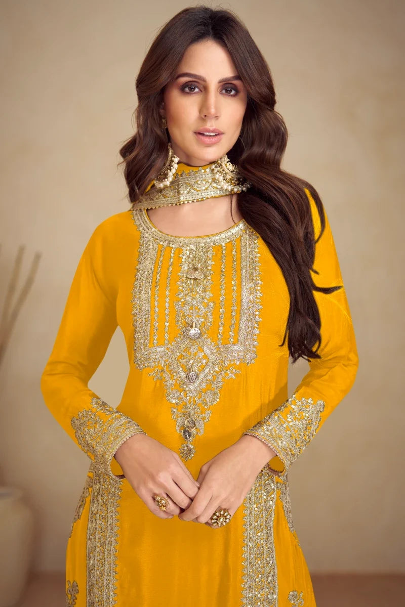 Yellow Embroidered Chinon Salwar Suit with Dupatta