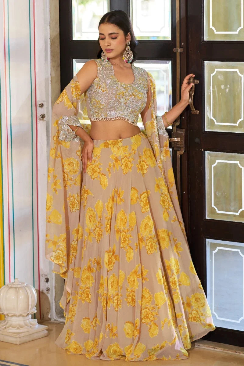 Yellow Floral Georgette Embroidered Legenga Choli with Cape