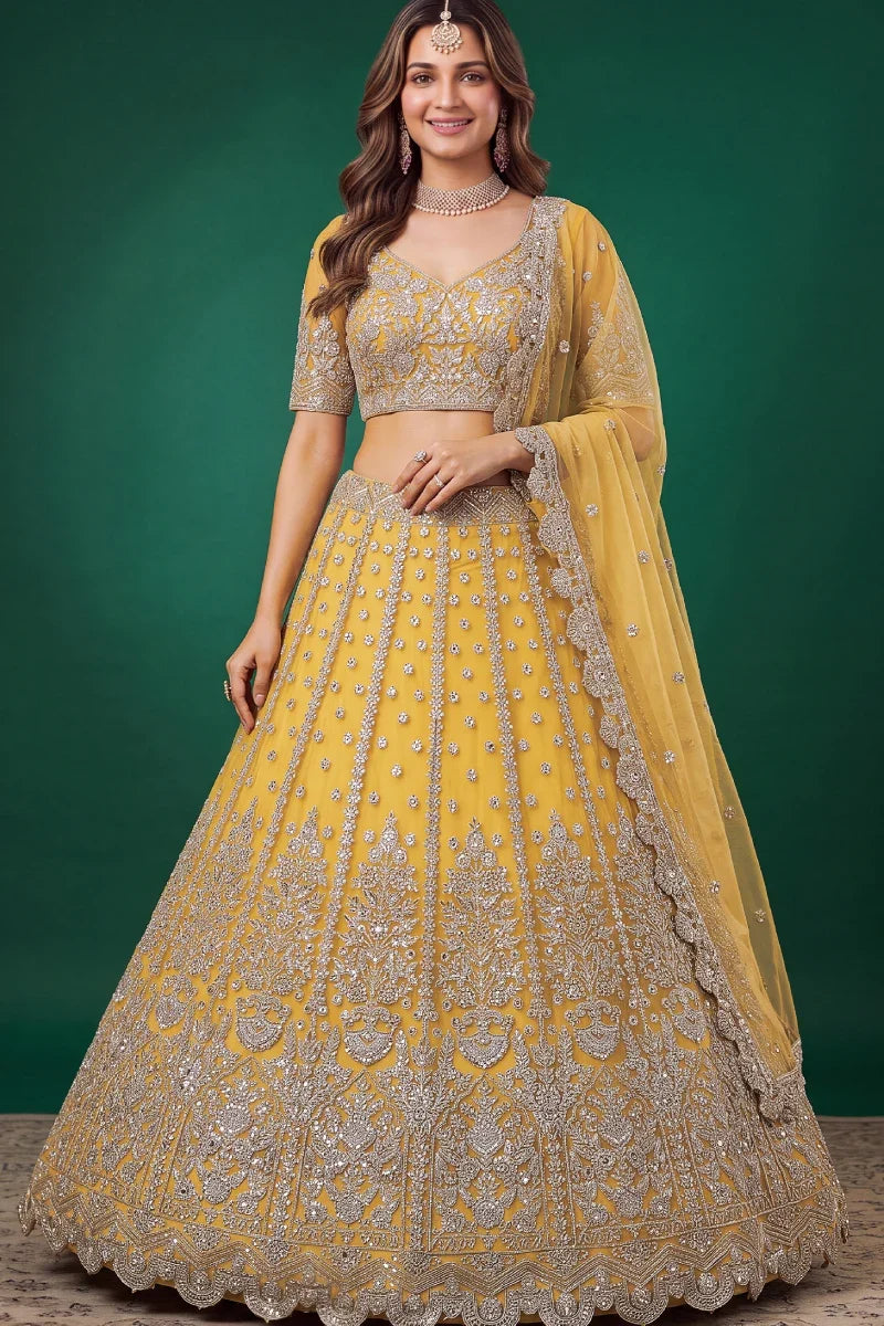 Yellow Soft Net Embroidered Lehenga Choli