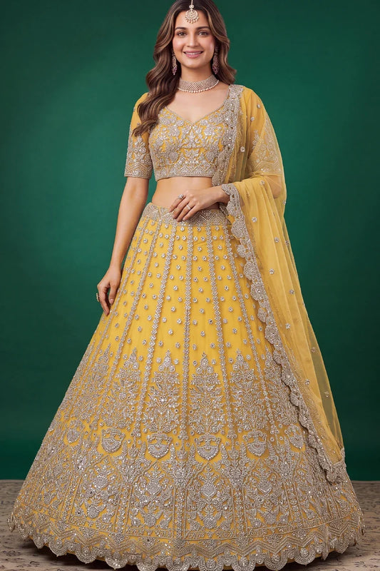 Yellow Soft Net Embroidered Lehenga Choli