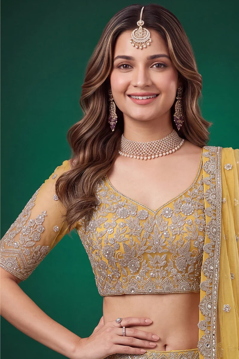 Yellow Soft Net Embroidered Lehenga Choli
