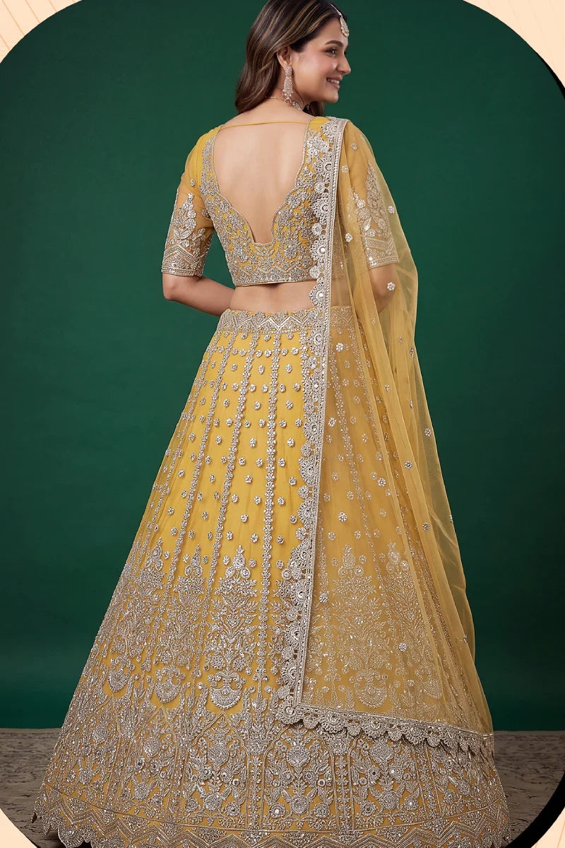 Yellow Soft Net Embroidered Lehenga Choli