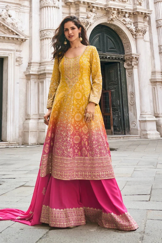 Yellow & Pink Ombre Georgette Embroidered Palazzo Suit