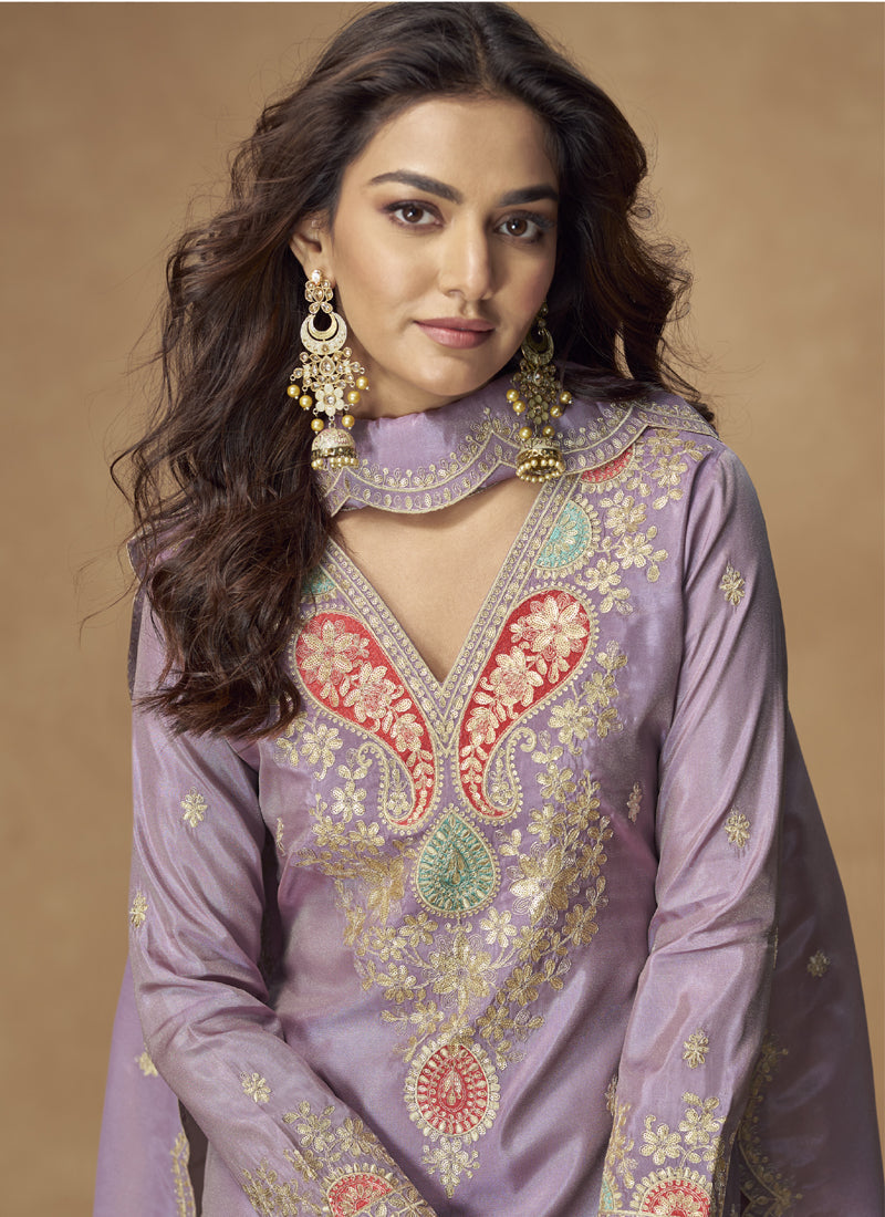 Lavender Shimmer Silk Embroidered Designer Palazzo Suit