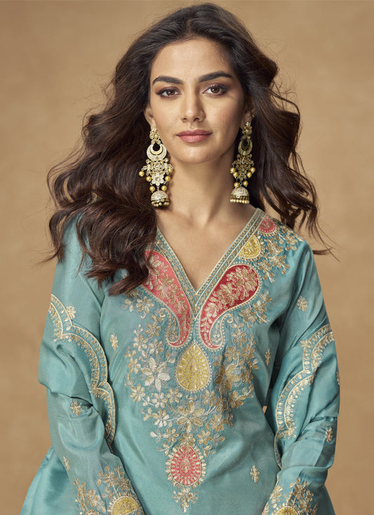 Sky Blue Shimmer Silk Embroidered Designer Palazzo Suit
