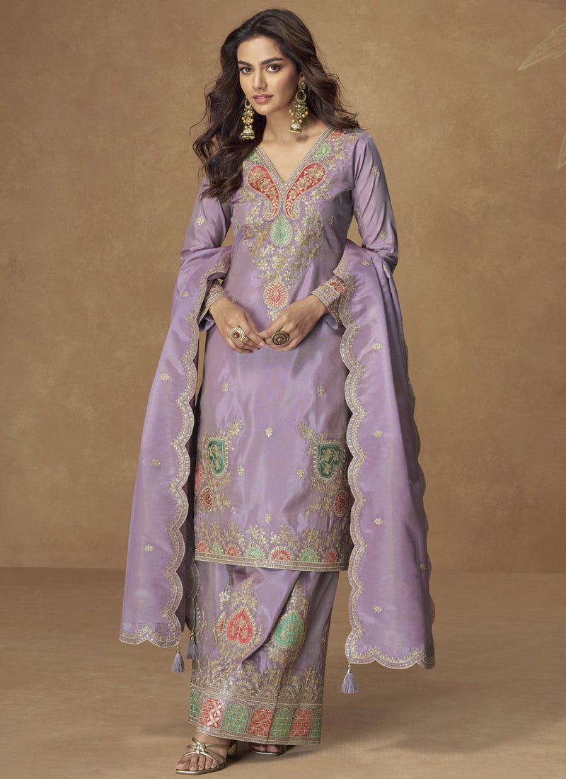 Lavender Shimmer Silk Embroidered Designer Palazzo Suit