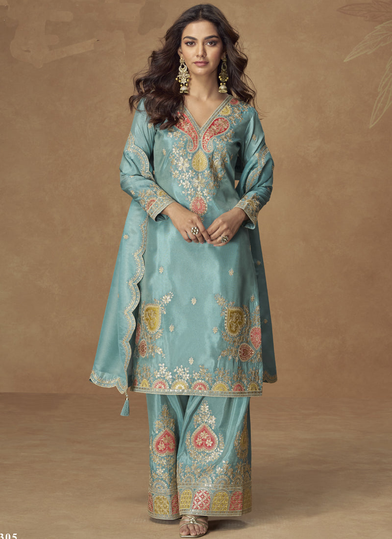 Sky Blue Shimmer Silk Embroidered Designer Palazzo Suit