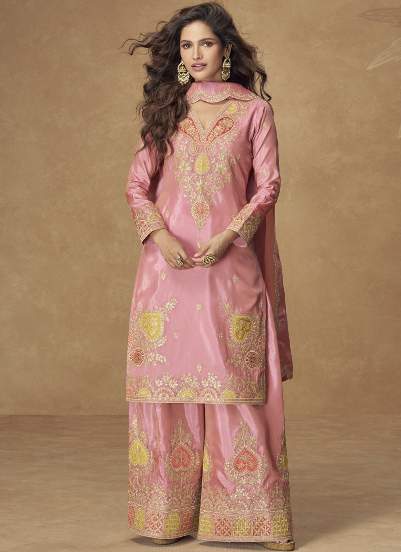 Light Pink Shimmer Silk Embroidered Designer Plazzo Suit