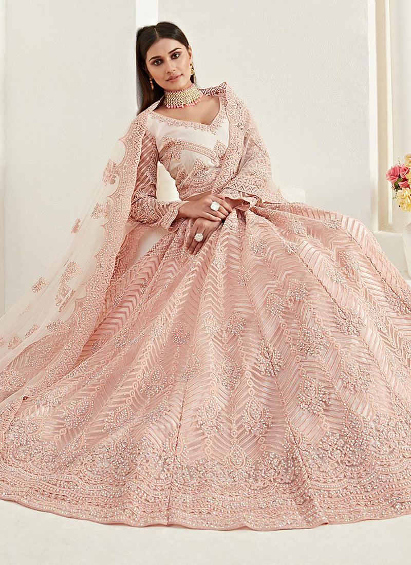 Peach Net Embroidered Wedding Lehenga
