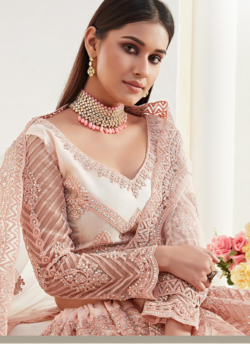 Peach Net Embroidered Wedding Lehenga