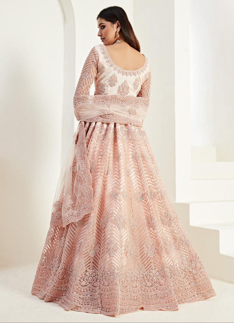 Peach Net Embroidered Wedding Lehenga