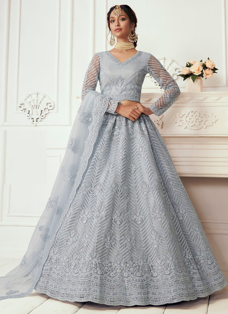 Light Grey Net Embroidered Wedding Lehenga