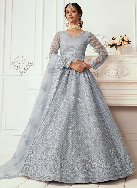Light Grey Net Embroidered Wedding Lehenga