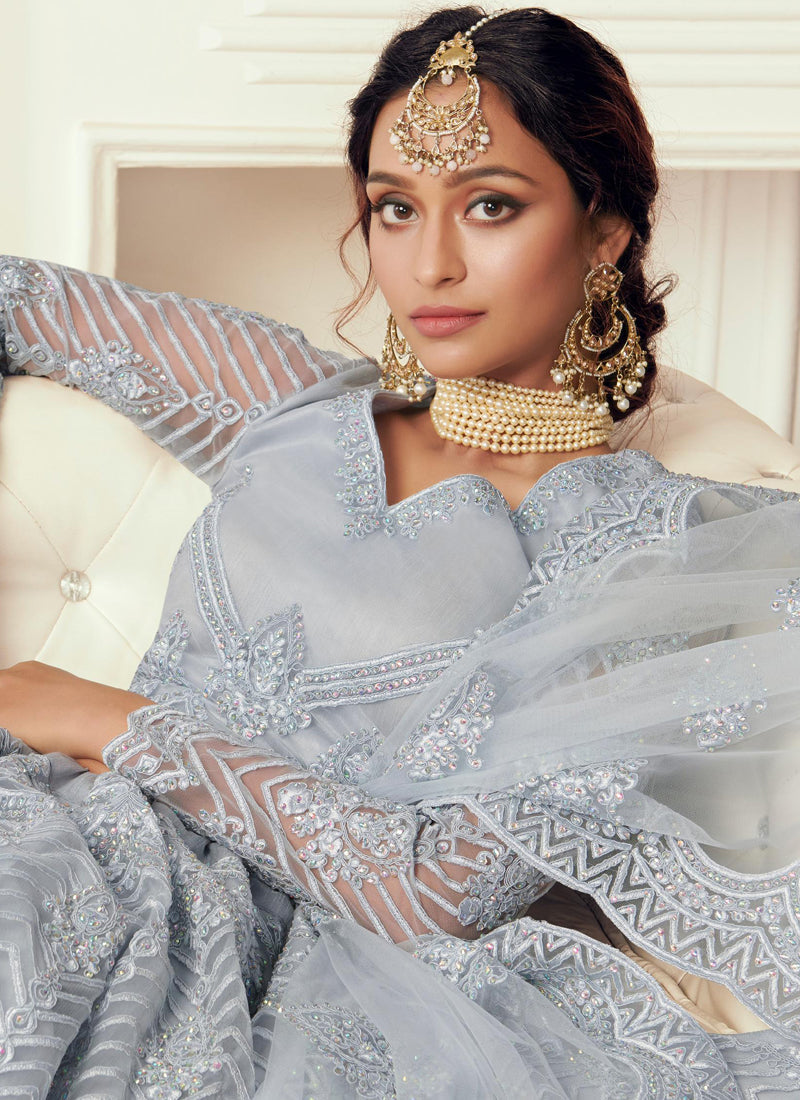Light Grey Net Embroidered Wedding Lehenga