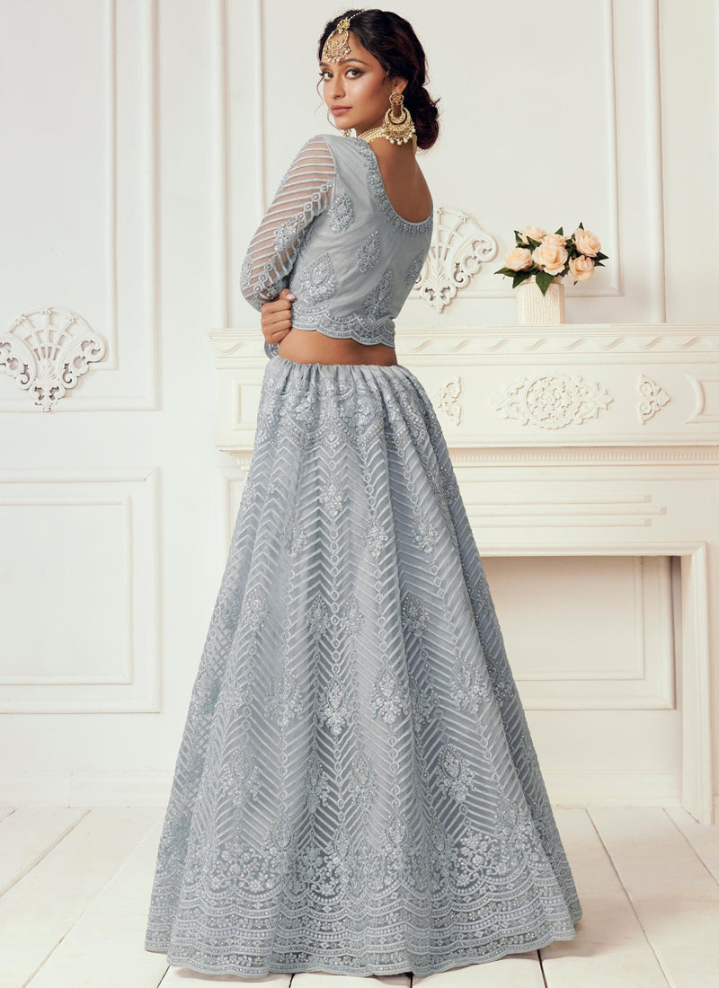 Light Grey Net Embroidered Wedding Lehenga