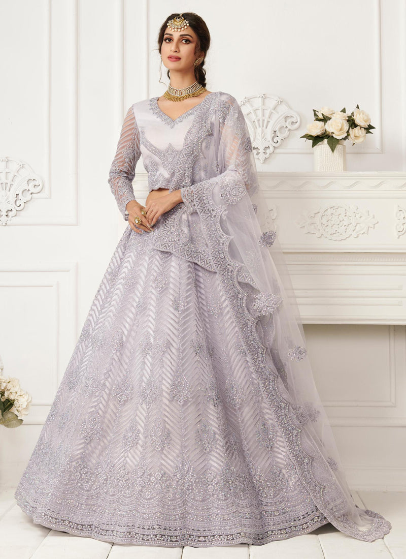 Lavender Net Embroidered Wedding Lehenga