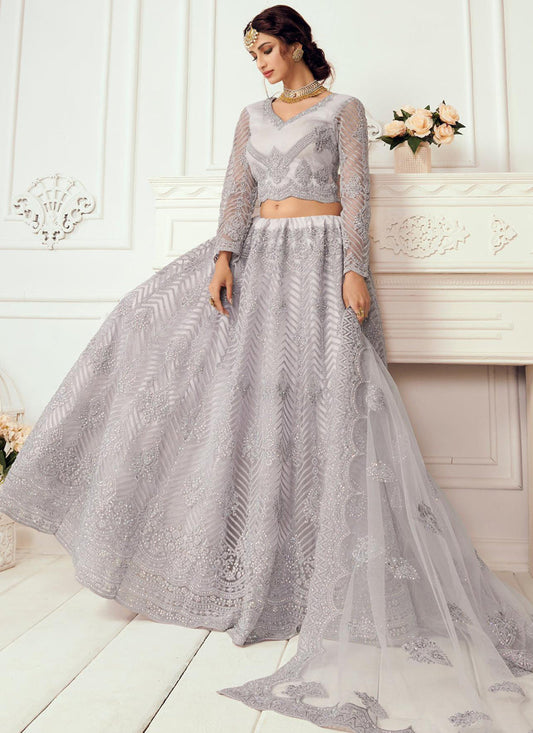 Lavender Net Embroidered Wedding Lehenga